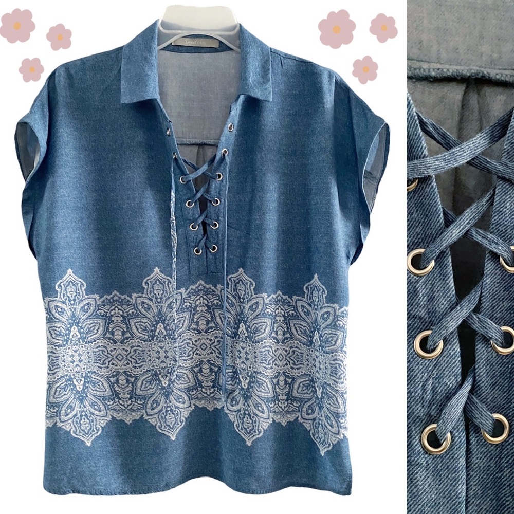 Sweet Rain collared lace-up 100% rayon blouse, blue